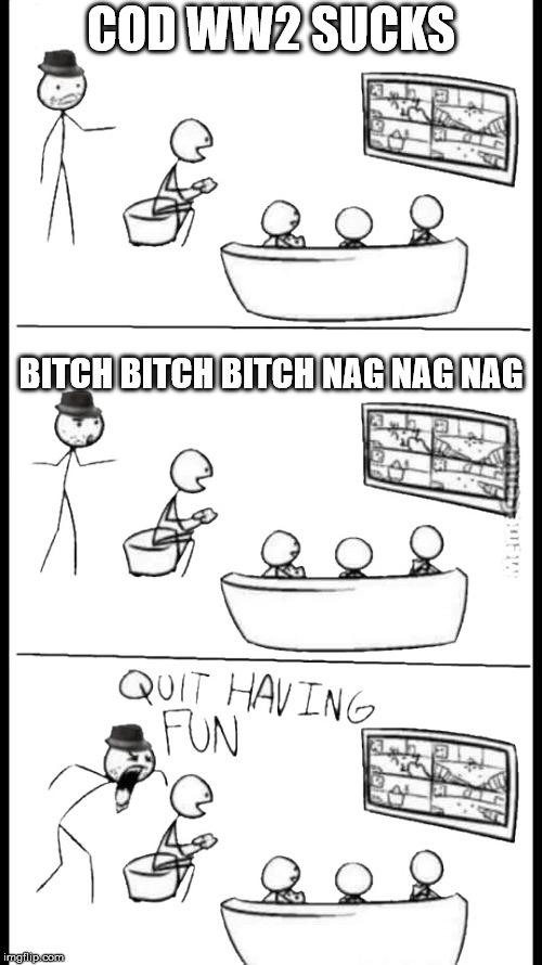 Quit Having Fun | COD WW2 SUCKS; BITCH BITCH BITCH NAG NAG NAG | image tagged in quit having fun | made w/ Imgflip meme maker