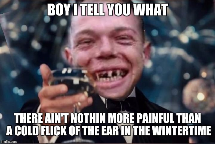 Leonardo DiCaprio Cheers | BOY I TELL YOU WHAT; THERE AIN'T NOTHIN MORE PAINFUL THAN A COLD FLICK OF THE EAR IN THE WINTERTIME | image tagged in memes,leonardo dicaprio cheers,funny,redneck | made w/ Imgflip meme maker