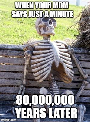 Waiting Skeleton | WHEN YOUR MOM SAYS JUST A MINUTE; 80,000,000 YEARS LATER | image tagged in memes,waiting skeleton | made w/ Imgflip meme maker