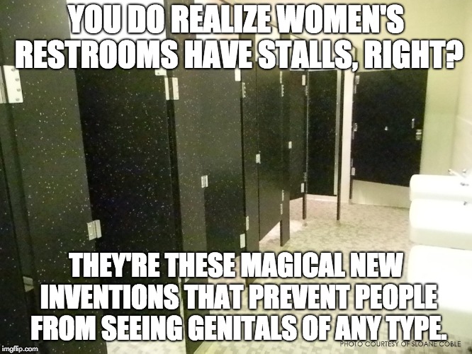 YOU DO REALIZE WOMEN'S RESTROOMS HAVE STALLS, RIGHT? THEY'RE THESE MAGICAL NEW INVENTIONS THAT PREVENT PEOPLE FROM SEEING GENITALS OF ANY TY | made w/ Imgflip meme maker