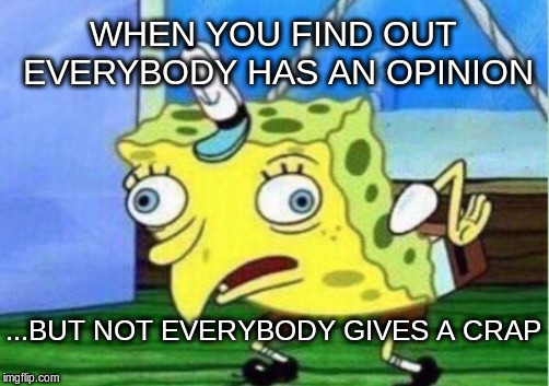 Mocking Spongebob | WHEN YOU FIND OUT EVERYBODY HAS AN OPINION; ...BUT NOT EVERYBODY GIVES A CRAP | image tagged in memes,mocking spongebob | made w/ Imgflip meme maker