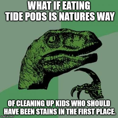 Philosoraptor | WHAT IF EATING TIDE PODS IS NATURES WAY; OF CLEANING UP KIDS WHO SHOULD HAVE BEEN STAINS IN THE FIRST PLACE. | image tagged in memes,philosoraptor | made w/ Imgflip meme maker