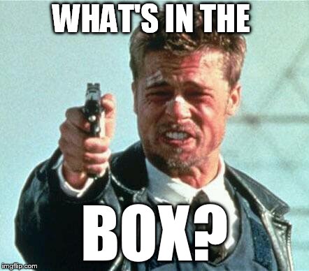 brad pitt whats in the box | WHAT'S IN THE; BOX? | image tagged in brad pitt whats in the box | made w/ Imgflip meme maker