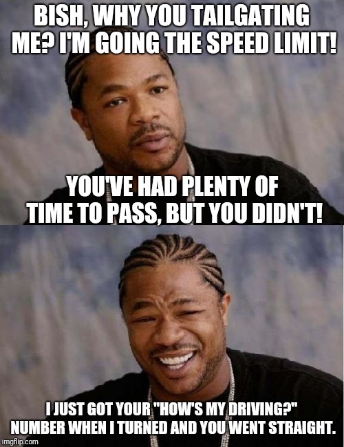 You can BET I called them! | BISH, WHY YOU TAILGATING ME? I'M GOING THE SPEED LIMIT! YOU'VE HAD PLENTY OF TIME TO PASS, BUT YOU DIDN'T! I JUST GOT YOUR "HOW'S MY DRIVING?" NUMBER WHEN I TURNED AND YOU WENT STRAIGHT. | image tagged in memes,yo dawg heard you,serious xzibit,tailgating tailgaters,how's my driving | made w/ Imgflip meme maker