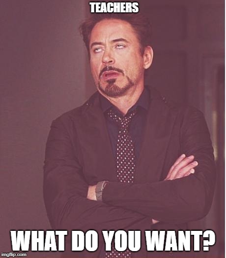 Face You Make Robert Downey Jr | TEACHERS; WHAT DO YOU WANT? | image tagged in memes,face you make robert downey jr | made w/ Imgflip meme maker