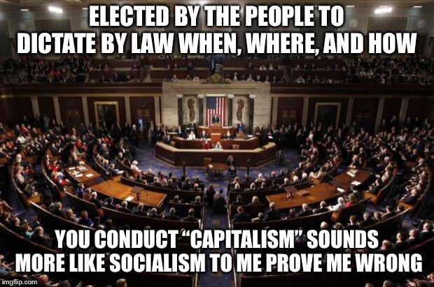 congress | ELECTED BY THE PEOPLE TO DICTATE BY LAW WHEN, WHERE, AND HOW; YOU CONDUCT “CAPITALISM” SOUNDS MORE LIKE SOCIALISM TO ME PROVE ME WRONG | image tagged in congress | made w/ Imgflip meme maker