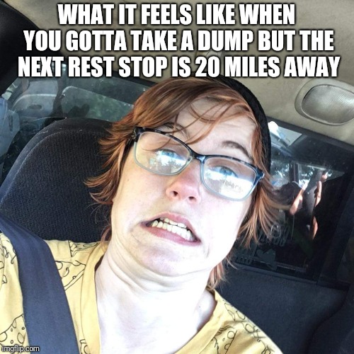 WHAT IT FEELS LIKE WHEN YOU GOTTA TAKE A DUMP BUT THE NEXT REST STOP IS 20 MILES AWAY | image tagged in strain face | made w/ Imgflip meme maker