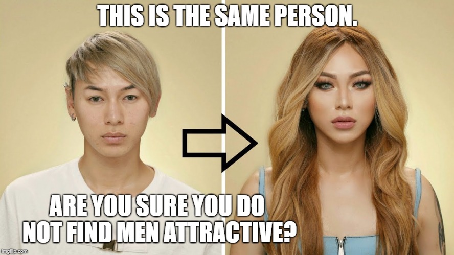 Girls just wanna have fun | THIS IS THE SAME PERSON. ARE YOU SURE YOU DO NOT FIND MEN ATTRACTIVE? | image tagged in girls just wanna have fun | made w/ Imgflip meme maker