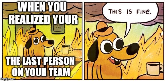 This Is Fine | WHEN YOU REALIZED YOUR; THE LAST PERSON ON YOUR TEAM | image tagged in this is fine dog | made w/ Imgflip meme maker