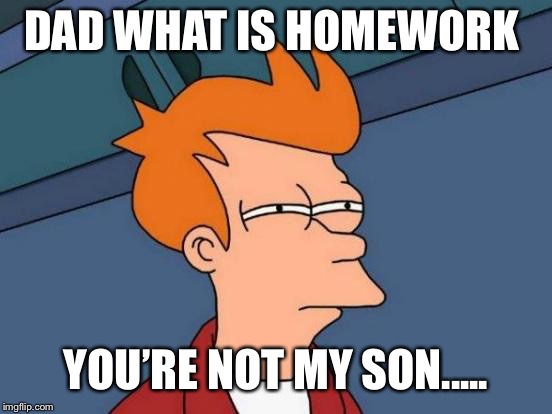 Futurama Fry Meme | DAD WHAT IS HOMEWORK; YOU’RE NOT MY SON..... | image tagged in memes,futurama fry | made w/ Imgflip meme maker