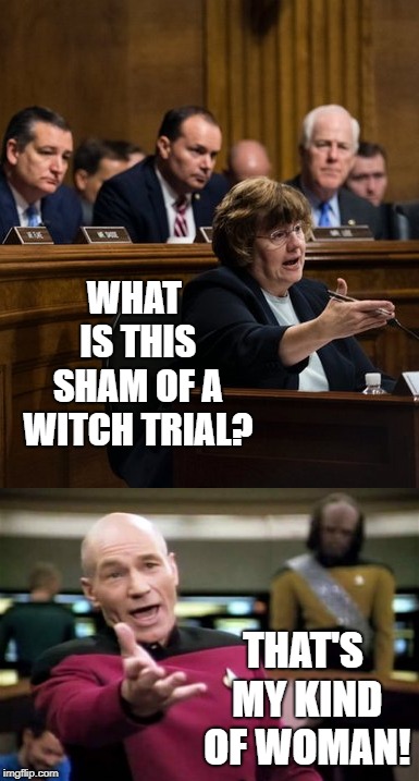 Prosecutor Picard | WHAT IS THIS SHAM OF A WITCH TRIAL? THAT'S MY KIND OF WOMAN! | image tagged in picard wtf,picard,senate,kavanaugh,brett kavanaugh | made w/ Imgflip meme maker