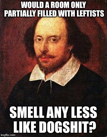 Shakespeare | WOULD A ROOM ONLY PARTIALLY FILLED WITH LEFTISTS; SMELL ANY LESS LIKE DOGSHIT? | image tagged in shakespeare | made w/ Imgflip meme maker