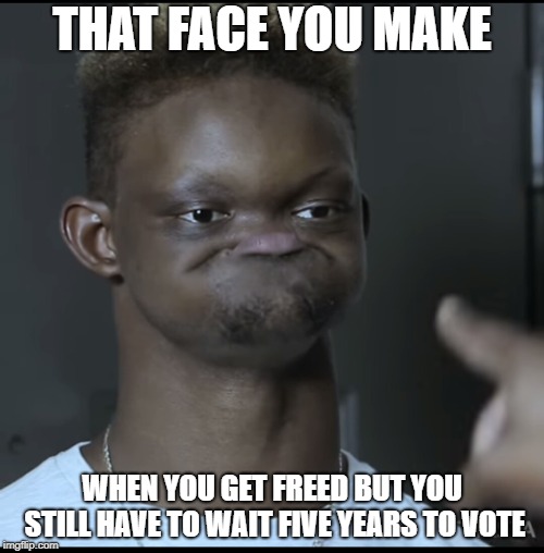 Holygxd face | THAT FACE YOU MAKE; WHEN YOU GET FREED BUT YOU STILL HAVE TO WAIT FIVE YEARS TO VOTE | image tagged in holygxd face | made w/ Imgflip meme maker