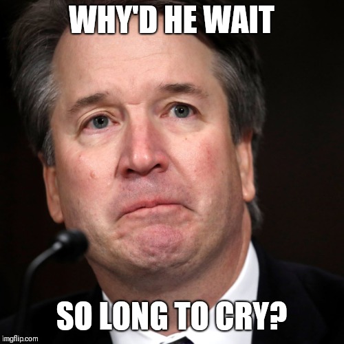 WHY'D HE WAIT; SO LONG TO CRY? | image tagged in brett kavanaugh,kavanaugh | made w/ Imgflip meme maker