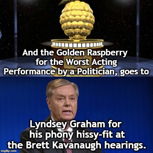 Joan Crawford did it better. And he has ALL her movies. | And the Golden Raspberry for the Worst Acting Performance by a Politician, goes to; Lyndsey Graham for his phony hissy-fit at the Brett Kavanaugh hearings. | image tagged in golden raspberry,razzie,acting,politician,lyndsey graham,brett kavanaugh | made w/ Imgflip meme maker