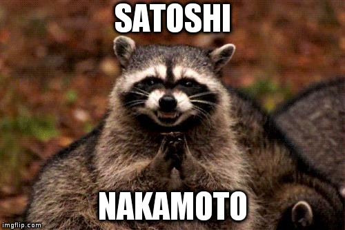 Evil Plotting Raccoon | SATOSHI; NAKAMOTO | image tagged in memes,evil plotting raccoon | made w/ Imgflip meme maker