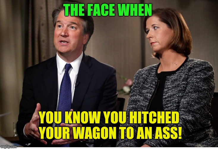 Brett KavaNO | THE FACE WHEN; YOU KNOW YOU HITCHED YOUR WAGON TO AN ASS! | image tagged in brett kavano | made w/ Imgflip meme maker