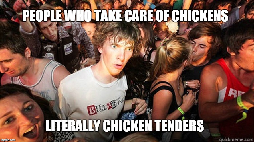 I know some chicken tenders...  | PEOPLE WHO TAKE CARE OF CHICKENS; LITERALLY CHICKEN TENDERS | image tagged in sudden clarity clarence large,chickens,chicken,chicken nu,memes | made w/ Imgflip meme maker