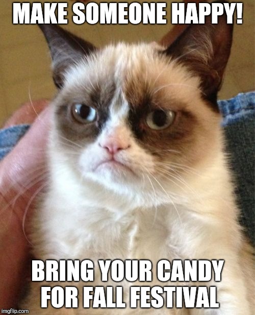 Grumpy Cat | MAKE SOMEONE HAPPY! BRING YOUR CANDY FOR FALL FESTIVAL | image tagged in memes,grumpy cat | made w/ Imgflip meme maker