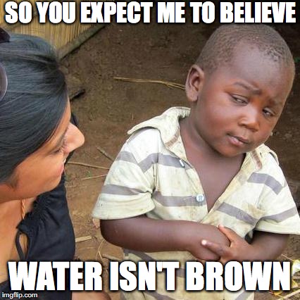 Third World Skeptical Kid | SO YOU EXPECT ME TO BELIEVE; WATER ISN'T BROWN | image tagged in memes,third world skeptical kid | made w/ Imgflip meme maker