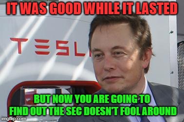 elon musk | IT WAS GOOD WHILE IT LASTED; BUT NOW YOU ARE GOING TO FIND OUT THE SEC DOESN'T FOOL AROUND | image tagged in elon musk | made w/ Imgflip meme maker