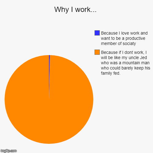 Why I work... | Because if I dont work, I will be like my uncle Jed who was a mountain man who could barely keep his family fed., Because I  | image tagged in funny,pie charts | made w/ Imgflip chart maker