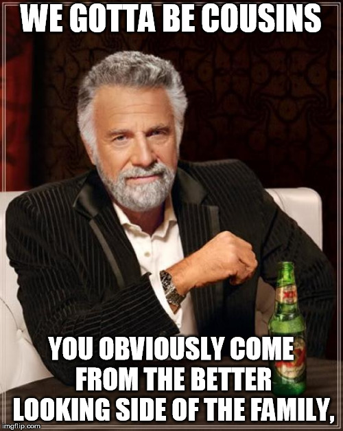 The Most Interesting Man In The World Meme | WE GOTTA BE COUSINS; YOU OBVIOUSLY COME FROM THE BETTER LOOKING SIDE OF THE FAMILY, | image tagged in memes,the most interesting man in the world | made w/ Imgflip meme maker