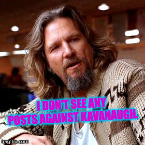 Confused Lebowski Meme | I DON'T SEE ANY POSTS AGAINST KAVANAUGH. | image tagged in memes,confused lebowski | made w/ Imgflip meme maker