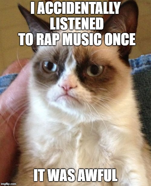 Rap Music, there's an oxymoron! | I ACCIDENTALLY LISTENED TO RAP MUSIC ONCE; IT WAS AWFUL | image tagged in memes,grumpy cat,rap battle,music | made w/ Imgflip meme maker