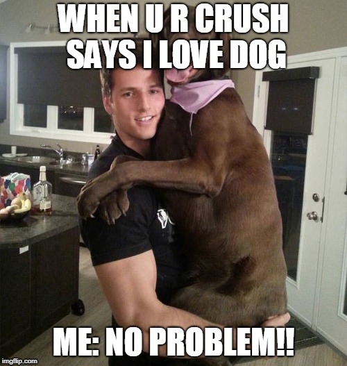 WHEN U R CRUSH SAYS I LOVE DOG; ME: NO PROBLEM!! | image tagged in dogs | made w/ Imgflip meme maker