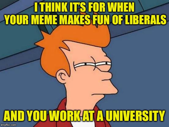 Futurama Fry Meme | I THINK IT’S FOR WHEN YOUR MEME MAKES FUN OF LIBERALS AND YOU WORK AT A UNIVERSITY | image tagged in memes,futurama fry | made w/ Imgflip meme maker