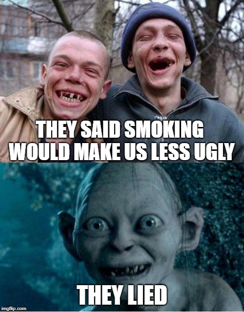 Gollum Drugs | THEY SAID SMOKING WOULD MAKE US LESS UGLY; THEY LIED | image tagged in gollum drugs | made w/ Imgflip meme maker