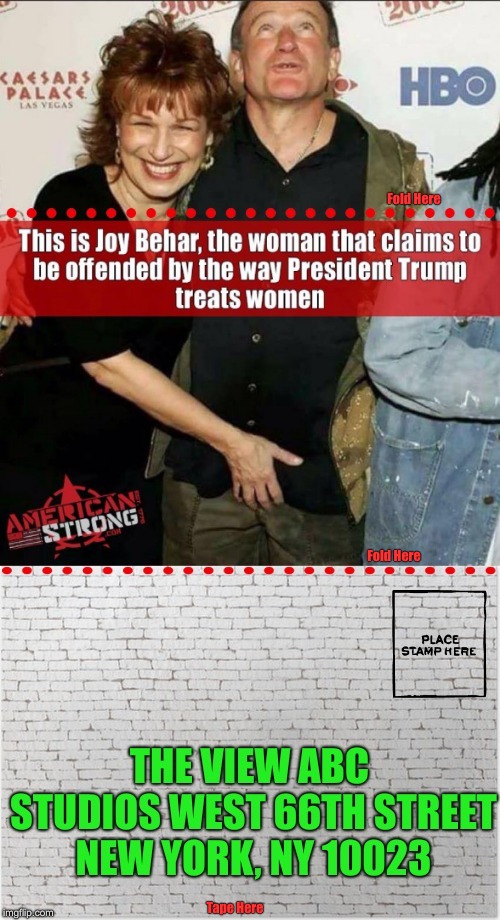 Brother, Can you spare a dim...er STAMP? | Fold Here; Fold Here; Tape Here | image tagged in joy behar,sexual harassment,metoo,donald trump,the view | made w/ Imgflip meme maker