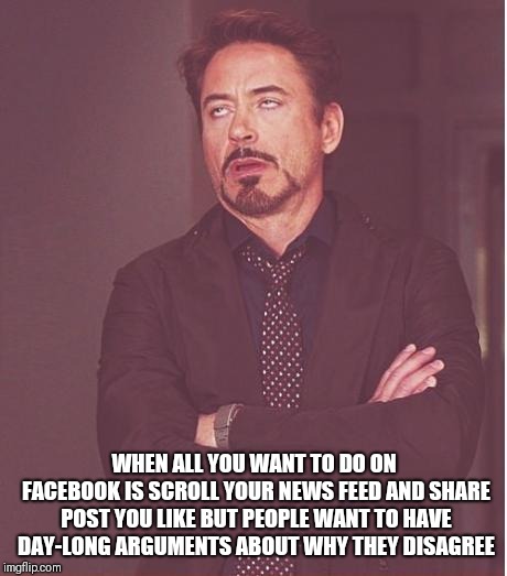 Face You Make Robert Downey Jr Meme | WHEN ALL YOU WANT TO DO ON FACEBOOK IS SCROLL YOUR NEWS FEED AND SHARE POST YOU LIKE BUT PEOPLE WANT TO HAVE DAY-LONG ARGUMENTS ABOUT WHY THEY DISAGREE | image tagged in memes,face you make robert downey jr | made w/ Imgflip meme maker