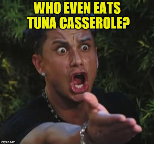 DJ Pauly D Meme | WHO EVEN EATS TUNA CASSEROLE? | image tagged in memes,dj pauly d | made w/ Imgflip meme maker