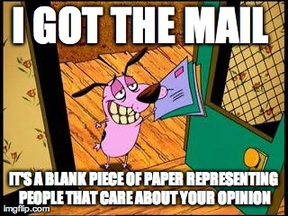 I GOT THE MAIL  IT'S A BLANK PIECE OF PAPER REPRESENTING PEOPLE THAT CARE ABOUT YOUR OPINION | made w/ Imgflip meme maker
