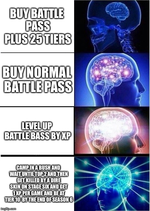 Expanding Brain | BUY BATTLE PASS PLUS 25 TIERS; BUY NORMAL BATTLE PASS; LEVEL UP BATTLE BASS BY XP; CAMP IN A BUSH AND WAIT UNTIL TOP 2 AND THEN GET KILLED BY A DIRE SKIN ON STAGE SIX AND GET 1 XP PER GAME AND BE AT TIER 10 
BY THE END OF SEASON 6 | image tagged in memes,expanding brain | made w/ Imgflip meme maker