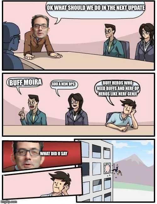 Overwatch | OK WHAT SHOULD WE DO IN THE NEXT UPDATE; BUFF MOIRA; ADD A NEW DPS; BUFF HEROS WHO NEED BUFFS AND NERF OP HEROS LIKE NERF GENJI; WHAT DID U SAY | image tagged in overwatch | made w/ Imgflip meme maker