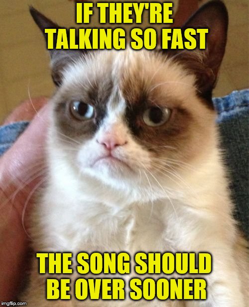 Grumpy Cat Meme | IF THEY'RE TALKING SO FAST THE SONG SHOULD BE OVER SOONER | image tagged in memes,grumpy cat | made w/ Imgflip meme maker