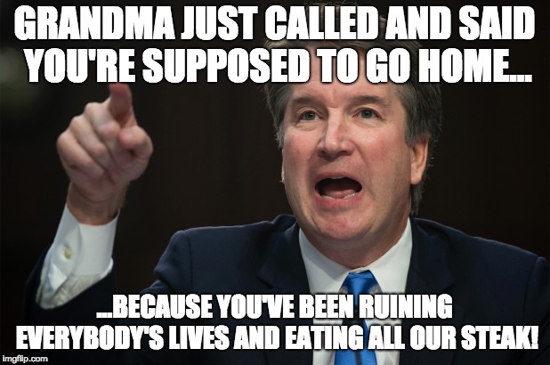 GRANDMA JUST CALLED AND SAID YOU'RE SUPPOSED TO GO HOME... ...BECAUSE YOU'VE BEEN RUINING EVERYBODY'S LIVES AND EATING ALL OUR STEAK! | image tagged in brett kavanaugh,napoleon dynamite | made w/ Imgflip meme maker