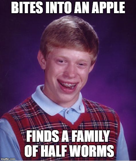 Bad Luck Brian Meme | BITES INTO AN APPLE FINDS A FAMILY OF HALF WORMS | image tagged in memes,bad luck brian | made w/ Imgflip meme maker