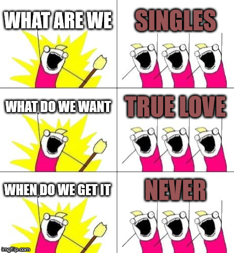 What Do We Want 3 | WHAT ARE WE; SINGLES; WHAT DO WE WANT; TRUE LOVE; WHEN DO WE GET IT; NEVER | image tagged in memes,what do we want 3 | made w/ Imgflip meme maker