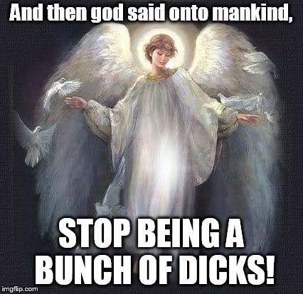 angels | And then god said onto mankind, STOP BEING A BUNCH OF DICKS! | image tagged in angels | made w/ Imgflip meme maker