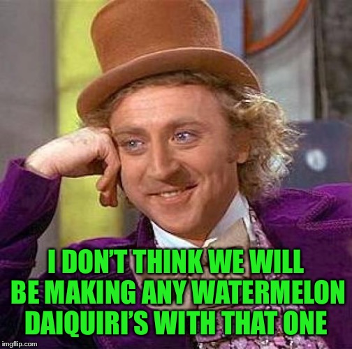 Creepy Condescending Wonka Meme | I DON’T THINK WE WILL BE MAKING ANY WATERMELON DAIQUIRI’S WITH THAT ONE | image tagged in memes,creepy condescending wonka | made w/ Imgflip meme maker