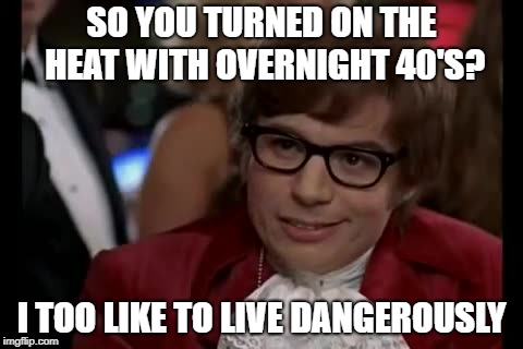 I Too Like To Live Dangerously | SO YOU TURNED ON THE HEAT WITH OVERNIGHT 40'S? I TOO LIKE TO LIVE DANGEROUSLY | image tagged in memes,i too like to live dangerously | made w/ Imgflip meme maker