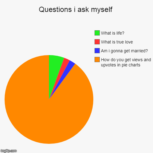 Questions i ask myself | Questions i ask myself | How do you get views and upvotes in pie charts, Am i gonna get married?, What is true love, What is life? | image tagged in funny,pie charts,questions | made w/ Imgflip chart maker