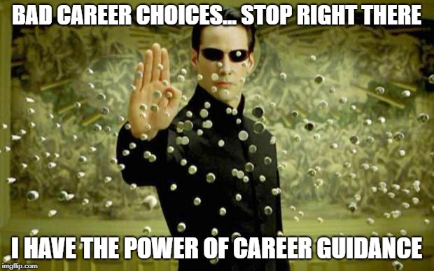 matrix | BAD CAREER CHOICES... STOP RIGHT THERE; I HAVE THE POWER OF CAREER GUIDANCE | image tagged in matrix | made w/ Imgflip meme maker