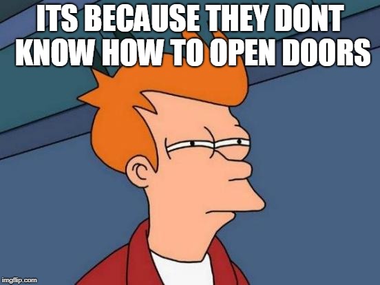 Futurama Fry Meme | ITS BECAUSE THEY DONT KNOW HOW TO OPEN DOORS | image tagged in memes,futurama fry | made w/ Imgflip meme maker