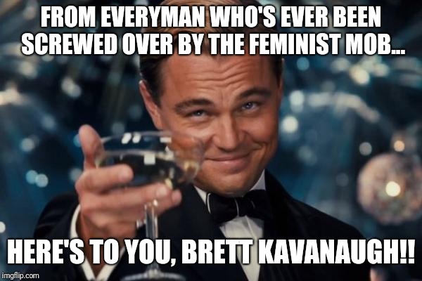 Leonardo Dicaprio Cheers Meme | FROM EVERYMAN WHO'S EVER BEEN SCREWED OVER BY THE FEMINIST MOB... HERE'S TO YOU, BRETT KAVANAUGH!! | image tagged in memes,leonardo dicaprio cheers | made w/ Imgflip meme maker