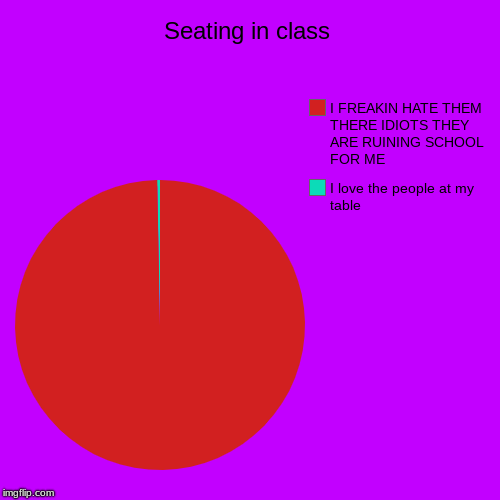 Seating in class | I love the people at my table, I FREAKIN HATE THEM THERE IDIOTS THEY ARE RUINING SCHOOL FOR ME | image tagged in funny,pie charts | made w/ Imgflip chart maker